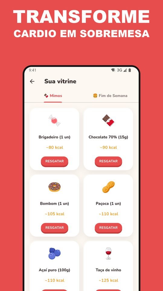 Tela da vitrine do EarnEat, com brigadeiro, chocolate, bombom e paçoca e o custo em kcal de cada um.