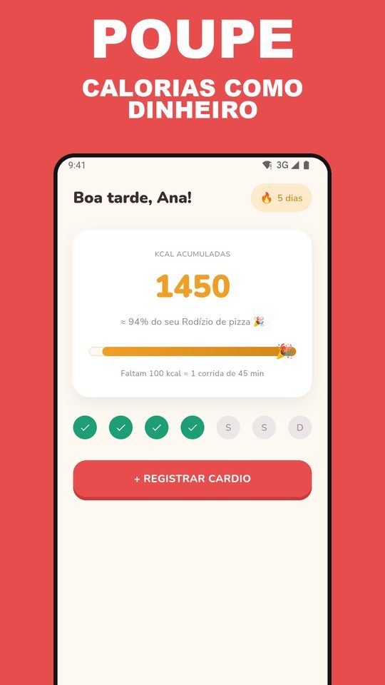 Tela do saldo semanal de calorias do EarnEat, com depósitos e resgates.