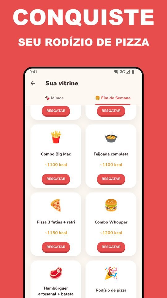 Tela da meta de fim de semana do EarnEat, mostrando o progresso até o rodízio de pizza.