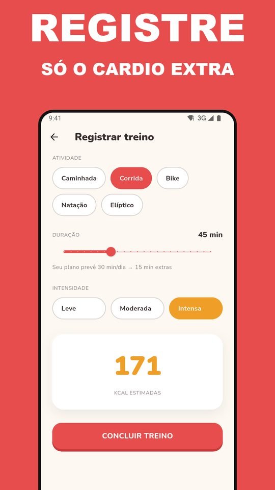 Tela de registro de treino do EarnEat, com atividade, duração e intensidade.