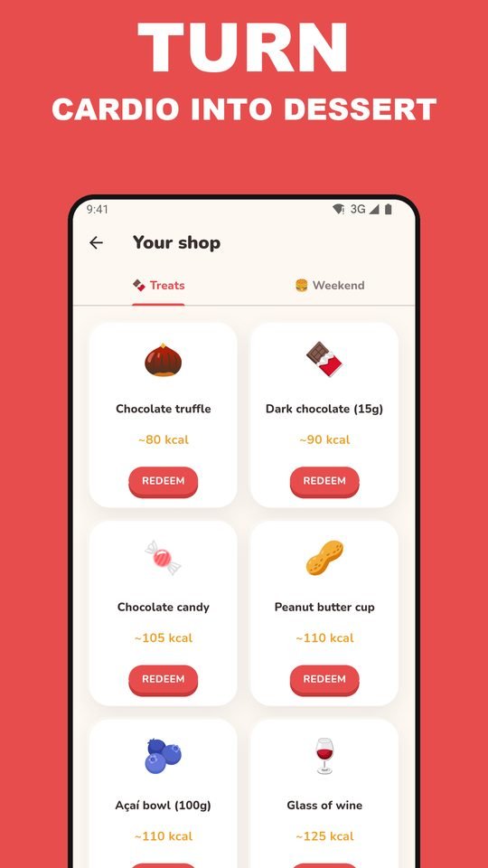 EarnEat rewards shelf showing chocolate truffle, dark chocolate, candy and peanut butter cup with the kcal cost of each.