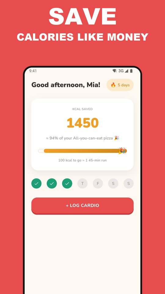 EarnEat weekly calorie balance screen with deposits and withdrawals.