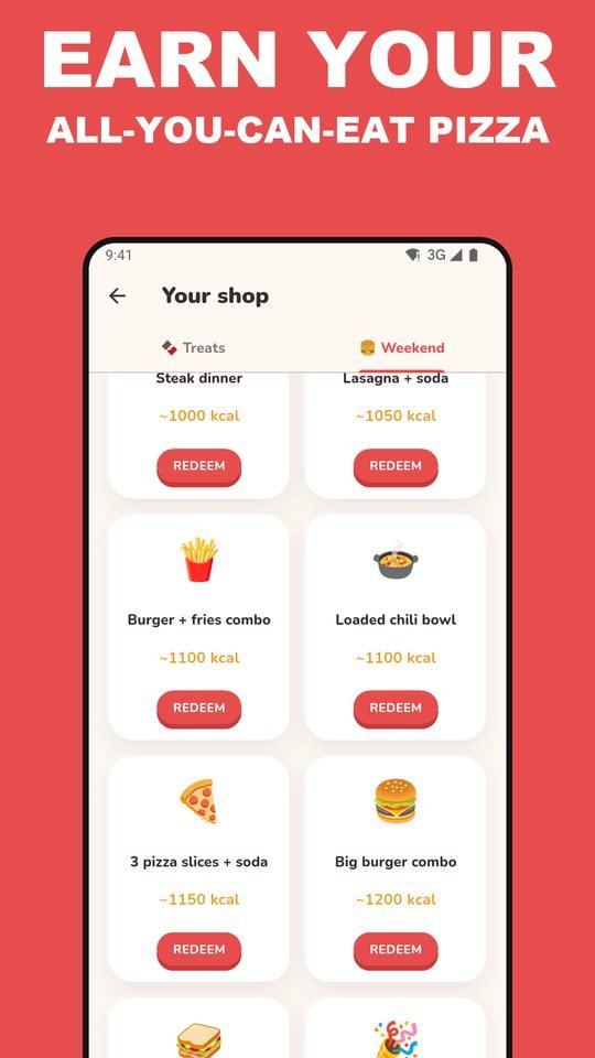 EarnEat weekend goal screen showing progress towards all-you-can-eat pizza.