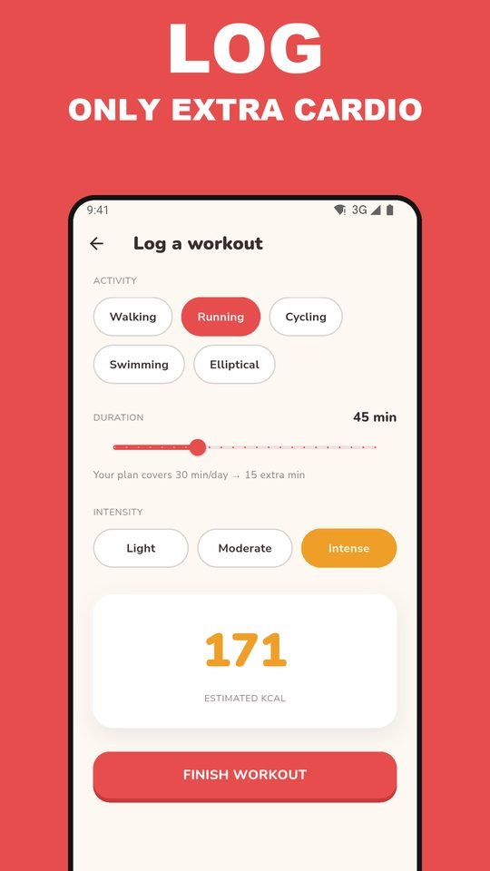 EarnEat workout logging screen with activity, duration and intensity.