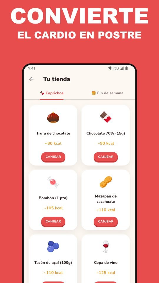 Vitrina de EarnEat con trufa de chocolate, chocolate, bombón y mazapán y el costo en kcal de cada uno.