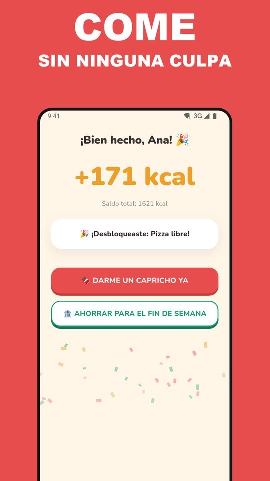 Pantalla de EarnEat que destaca comer sin ninguna culpa.