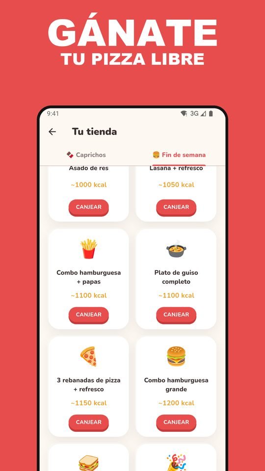 Pantalla de meta de fin de semana de EarnEat mostrando el progreso hacia la pizza libre.