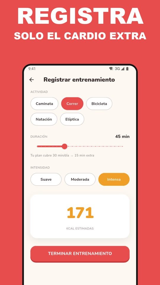 Pantalla de registro de entrenamiento de EarnEat, con actividad, duración e intensidad.